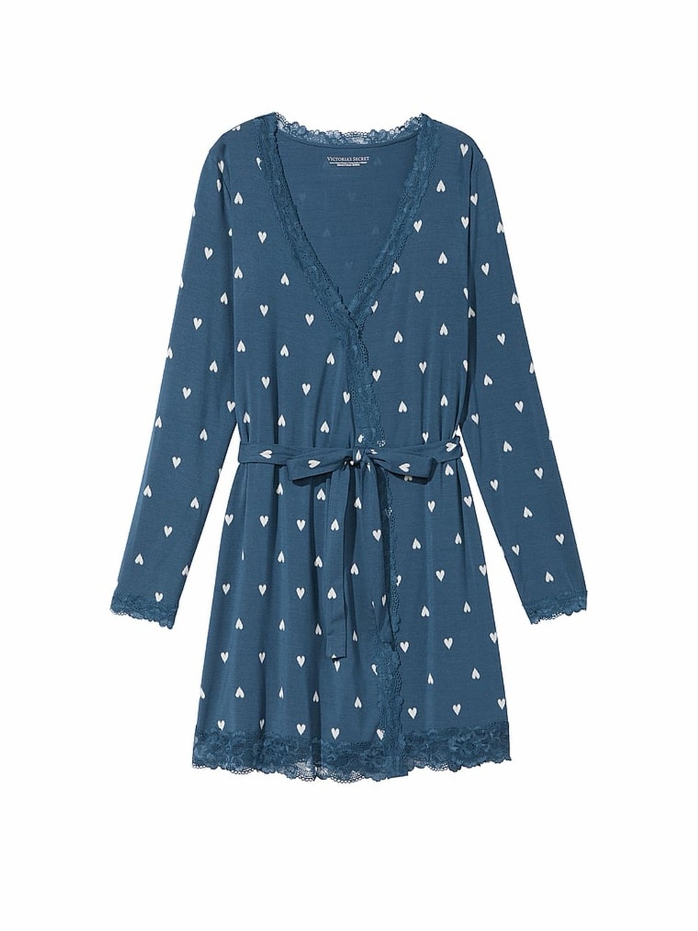 Victoria's Secret Modal Soft Blue Heart-Print Lace Trim Wrap Robe Size M/L